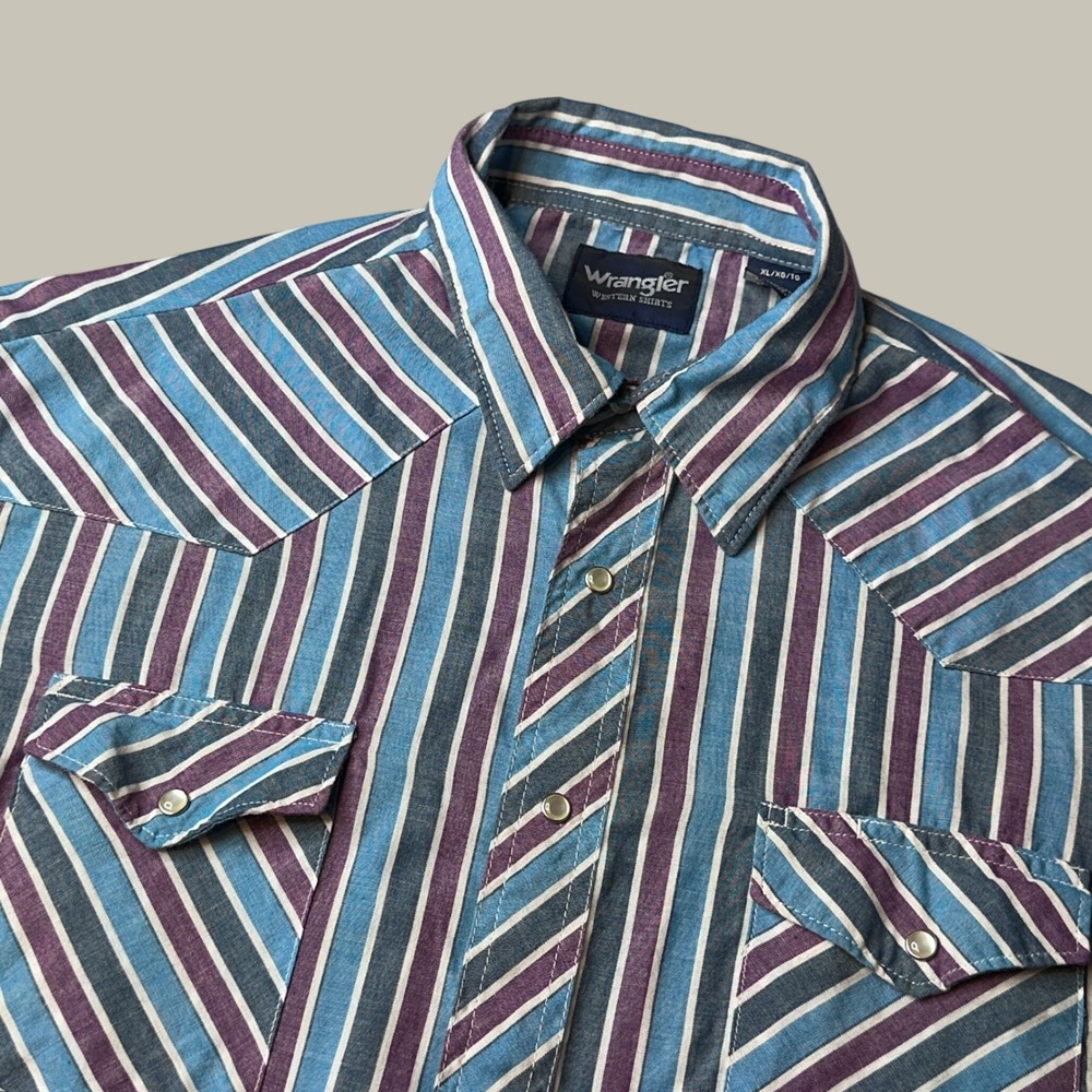 Wrangler Western Shirt Mens XL 76201AA Blue Purple Striped Pearl Snap Short Slv